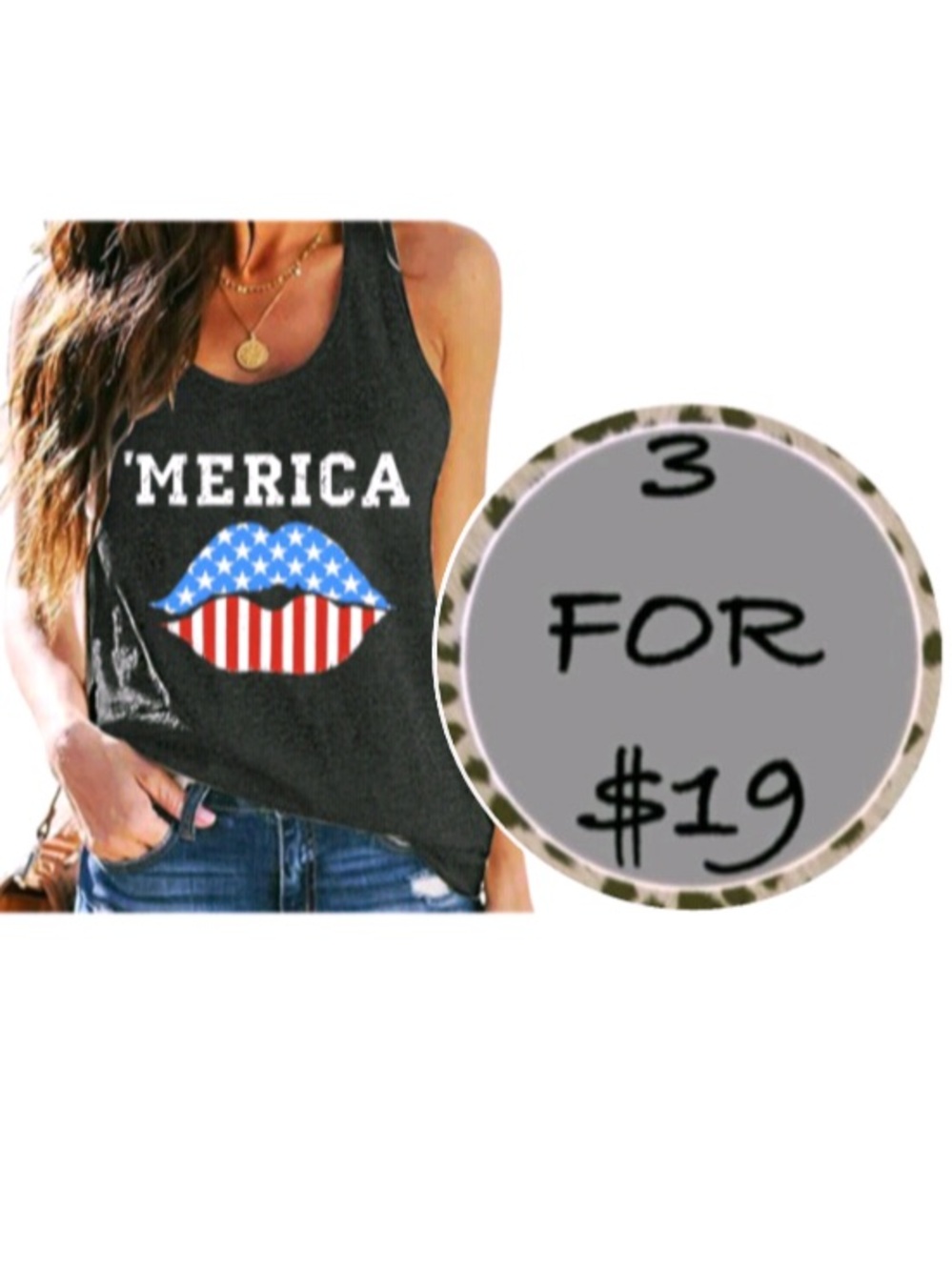 3/$19 ‘Merica patriotic American flag lips graphic sleeveless tank top T-shirt